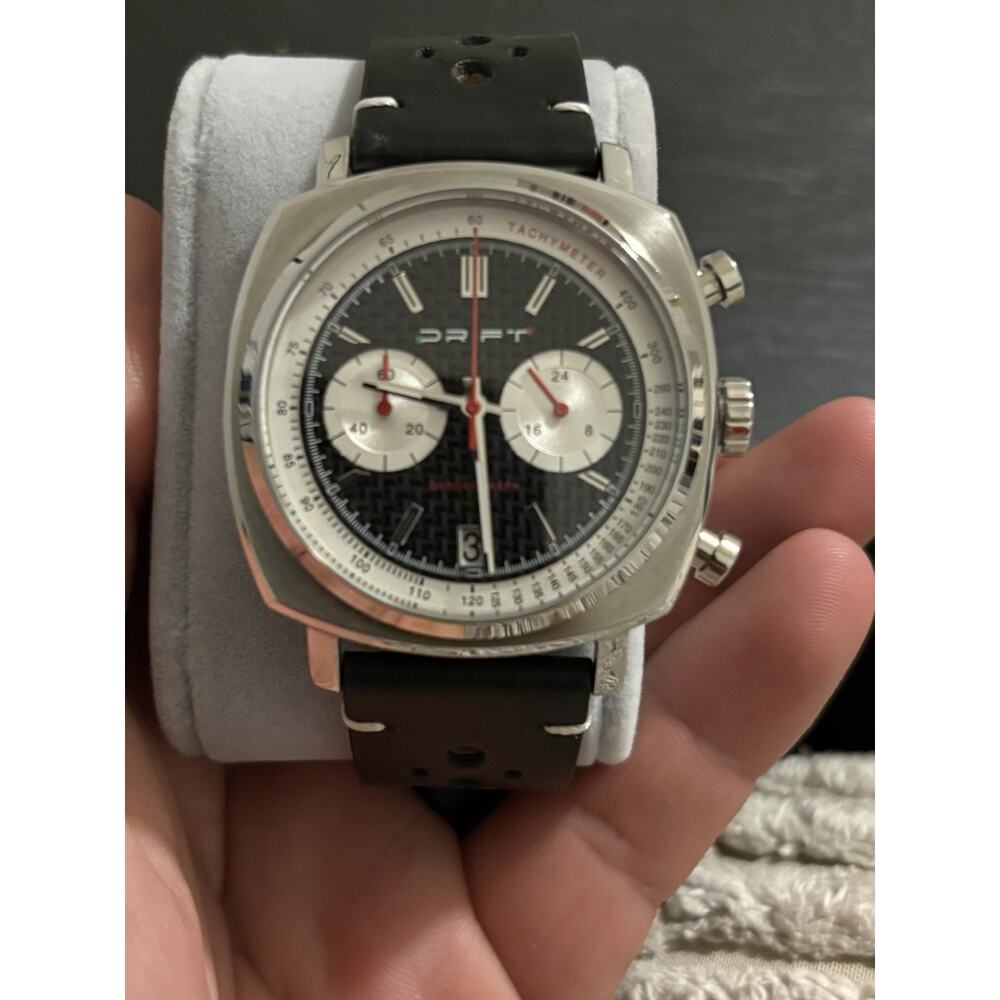 Drift Chronograph Watch Tachymeter Black Dial Date Racing Style Stainless Steel